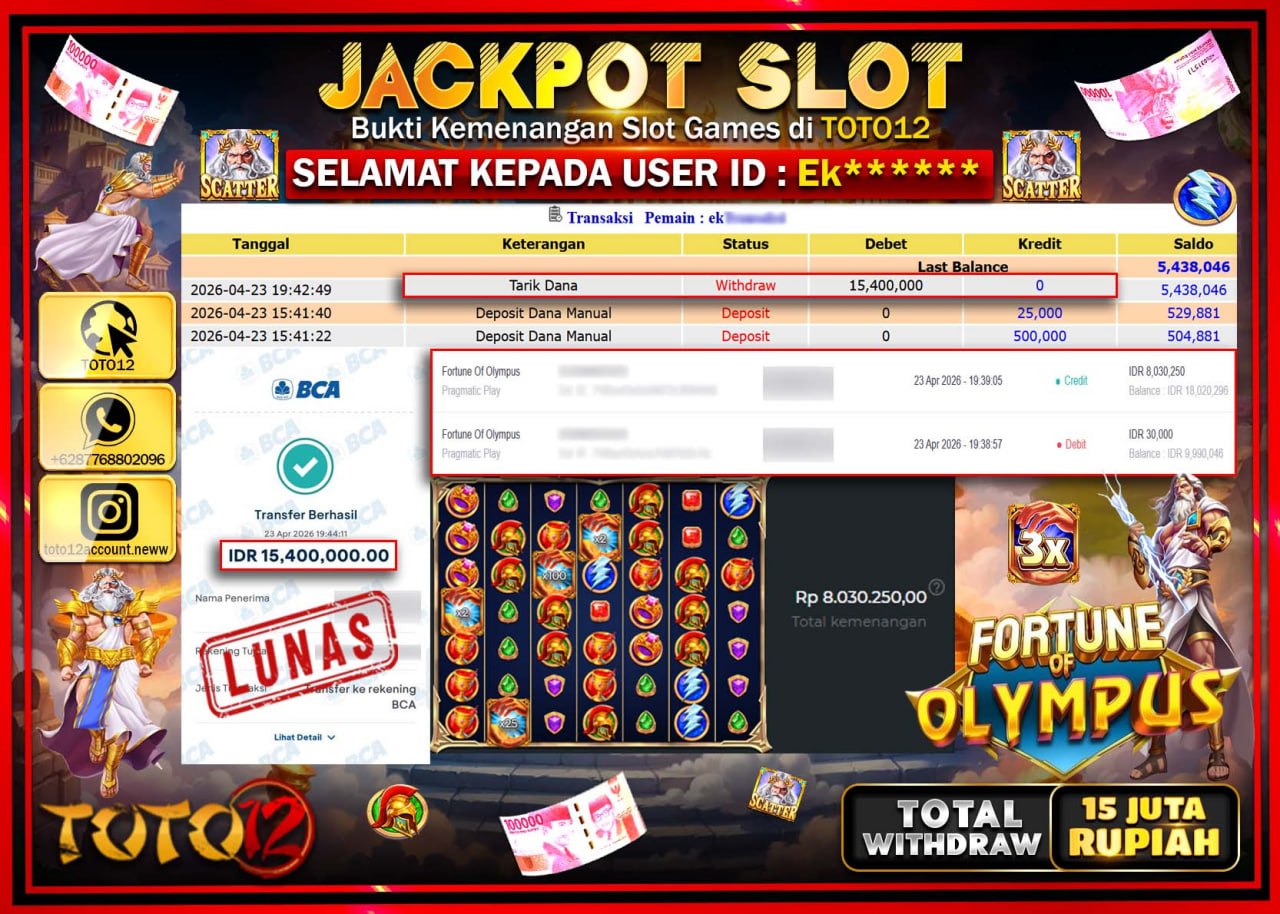 HANYA DI TOTO12 JP PASTI DI BAYAR LUNAS DAN CEPAT!!!!!! JACKPOT SLOT GAME (FORTUNE OF OLYMPUS) Rp.15.400.000!!!!