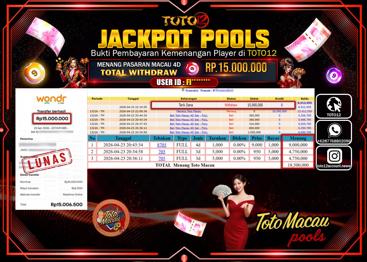 HANYA DI TOTO12 JP PASTI DI BAYAR LUNAS DAN CEPAT!!!!!! JACKPOT POOLS PASARAN(MACAU 4D) Rp.15.000.000!!!!