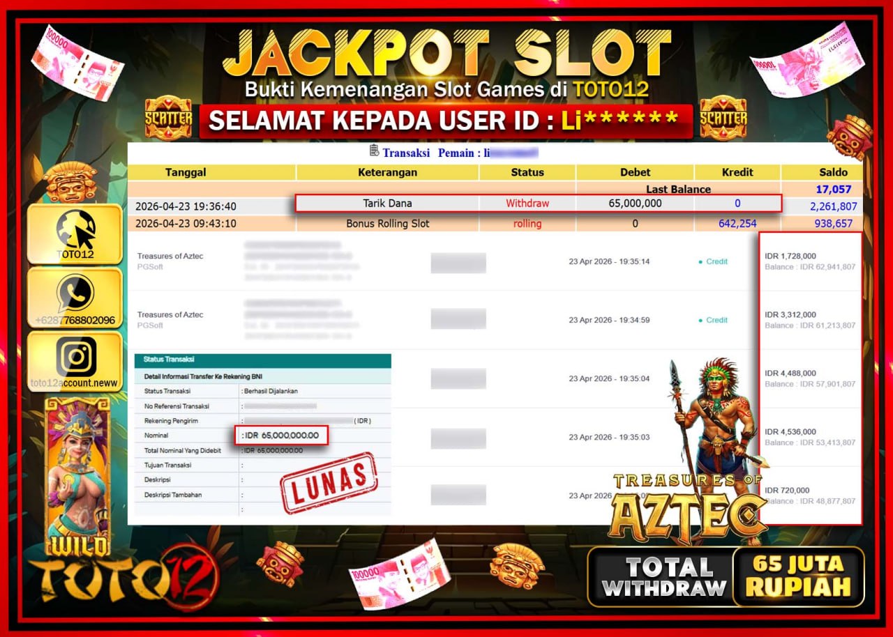 HANYA DI TOTO12 JP PASTI DI BAYAR LUNAS DAN CEPAT!!!!!! JACKPOT SLOT GAME (TREASURES OF AZTEC) Rp.65.000.000!!!!