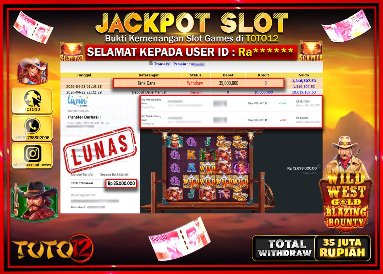 HANYA DI TOTO12 JP PASTI DI BAYAR LUNAS DAN CEPAT!!!!!! JACKPOT SLOT GAME (WILD WEST GOLD BLAZING BOUNTY) Rp.35.000.000!!!!