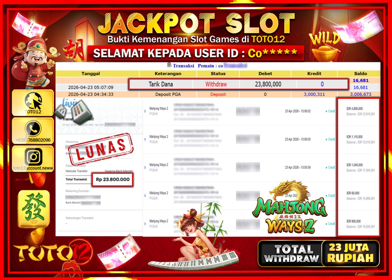 HANYA DI TOTO12 JP PASTI DI BAYAR LUNAS DAN CEPAT!!!!!! JACKPOT SLOT GAME (MAHJONG WAYS 2) Rp.23.800.000!!!!
