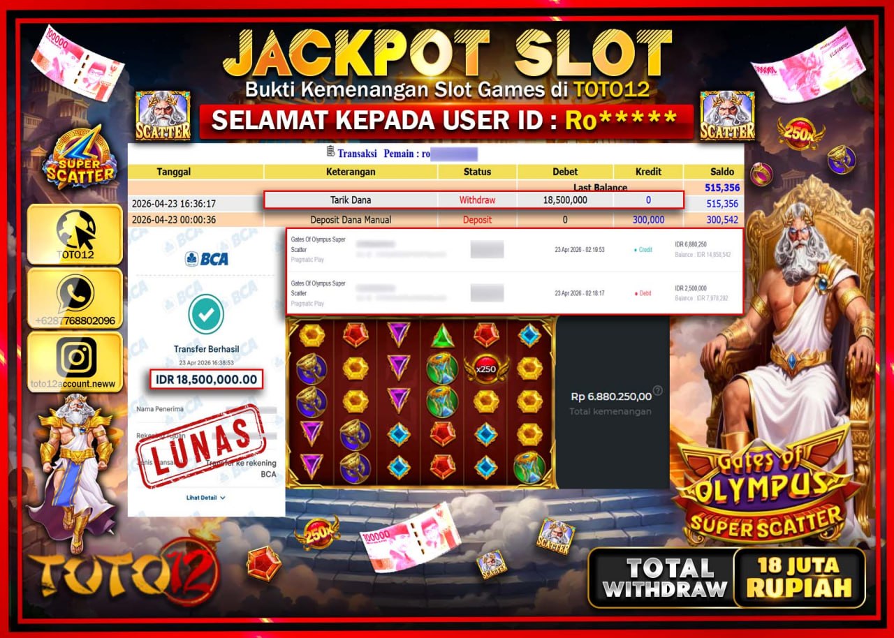 HANYA DI TOTO12 JP PASTI DI BAYAR LUNAS DAN CEPAT!!!!!! JACKPOT SLOT GAME (GATES OF OLYMPUS SUPER SCATTER) Rp.18.500.000!!!!