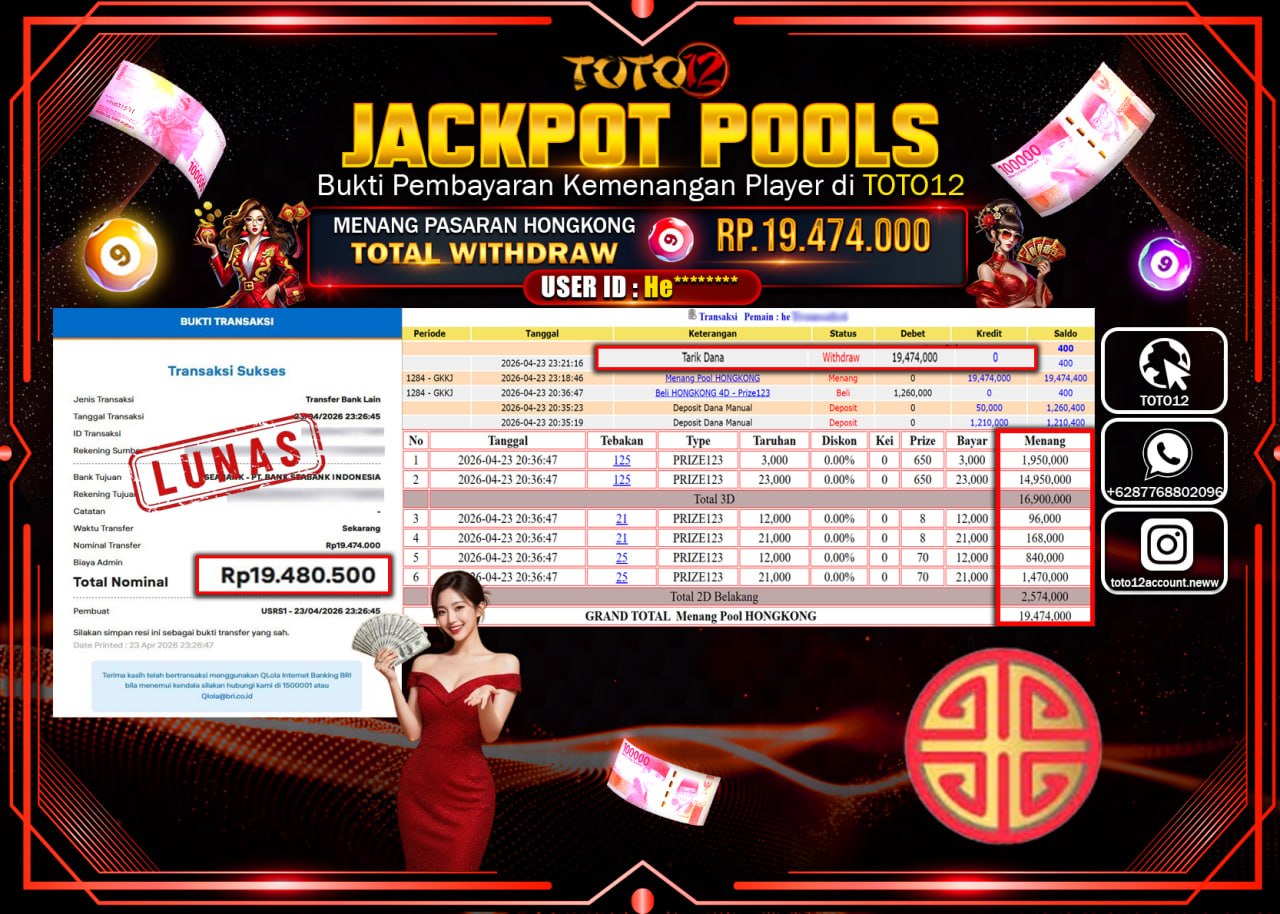 HANYA DI TOTO12 JP PASTI DI BAYAR LUNAS DAN CEPAT!!!!!! JACKPOT POOLS PASARAN( HONGKONG ) Rp.19.474.000!!!!