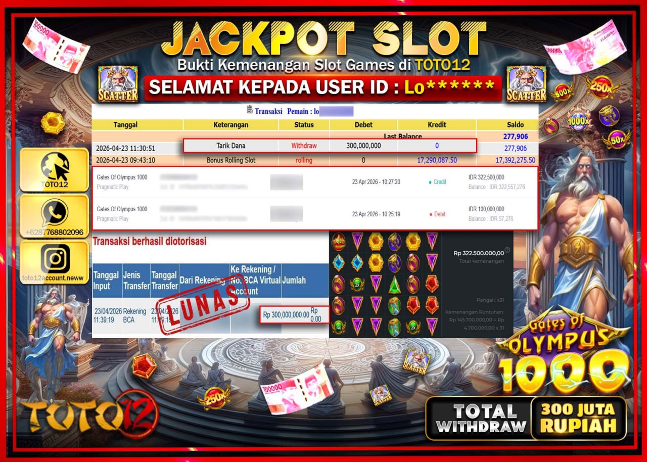 HANYA DI TOTO12 JP PASTI DI BAYAR LUNAS DAN CEPAT!!!!!! JACKPOT SLOT GAME (GATES OF OLYMPUS 1000) Rp.300.000.000!!!!