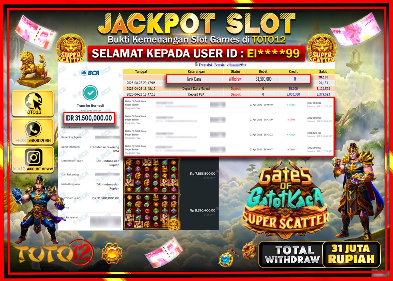 HANYA DI TOTO12 JP PASTI DI BAYAR LUNAS DAN CEPAT!!!!!! JACKPOT SLOT GAME (GATES OF GATOTKACA SUPER SCATTER) Rp.31.500.000!!!!