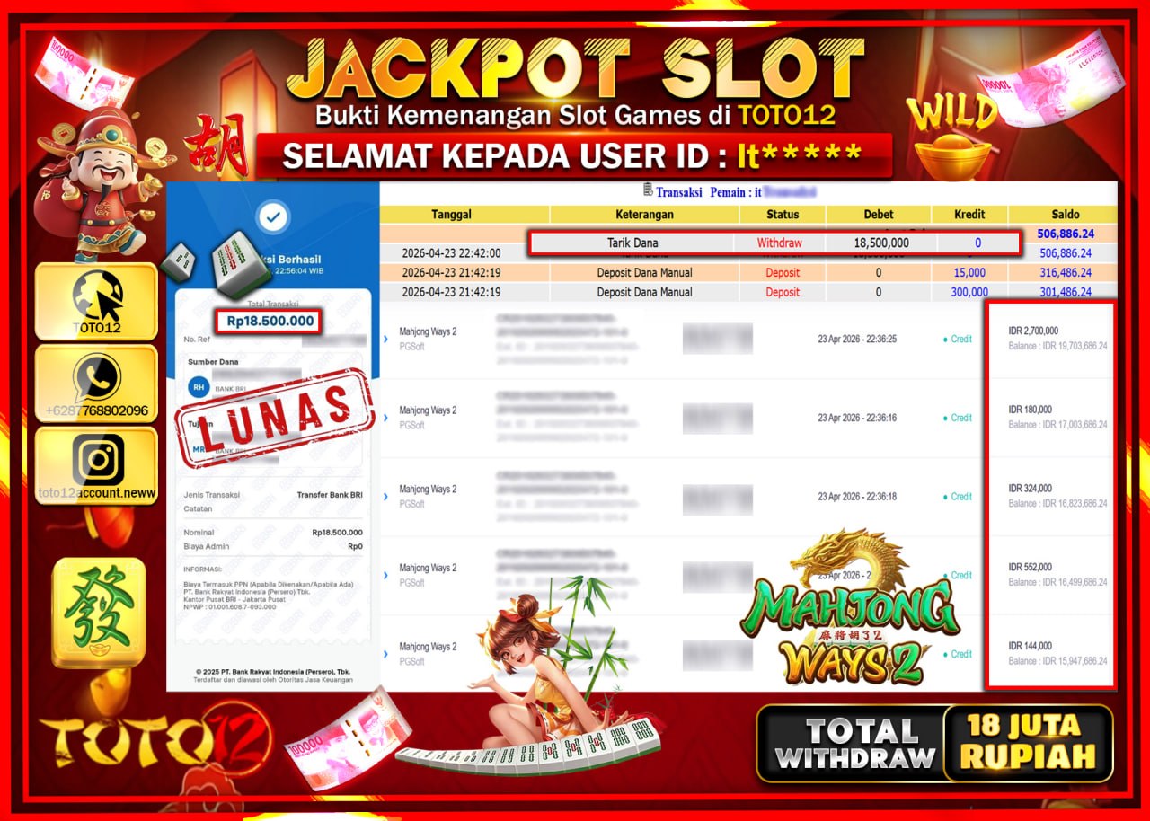 HANYA DI TOTO12 JP PASTI DI BAYAR LUNAS DAN CEPAT!!!!!! JACKPOT SLOT GAME (MAHJONG WAYS 2) Rp.18.500.000!!!!