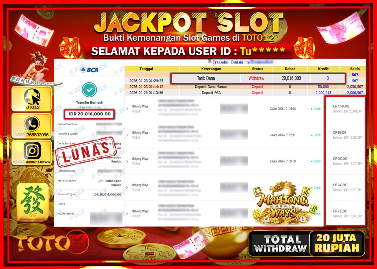 HANYA DI TOTO12 JP PASTI DI BAYAR LUNAS DAN CEPAT!!!!!! JACKPOT SLOT GAME (MAHJONG WAYS) Rp.20.016.000!!!!