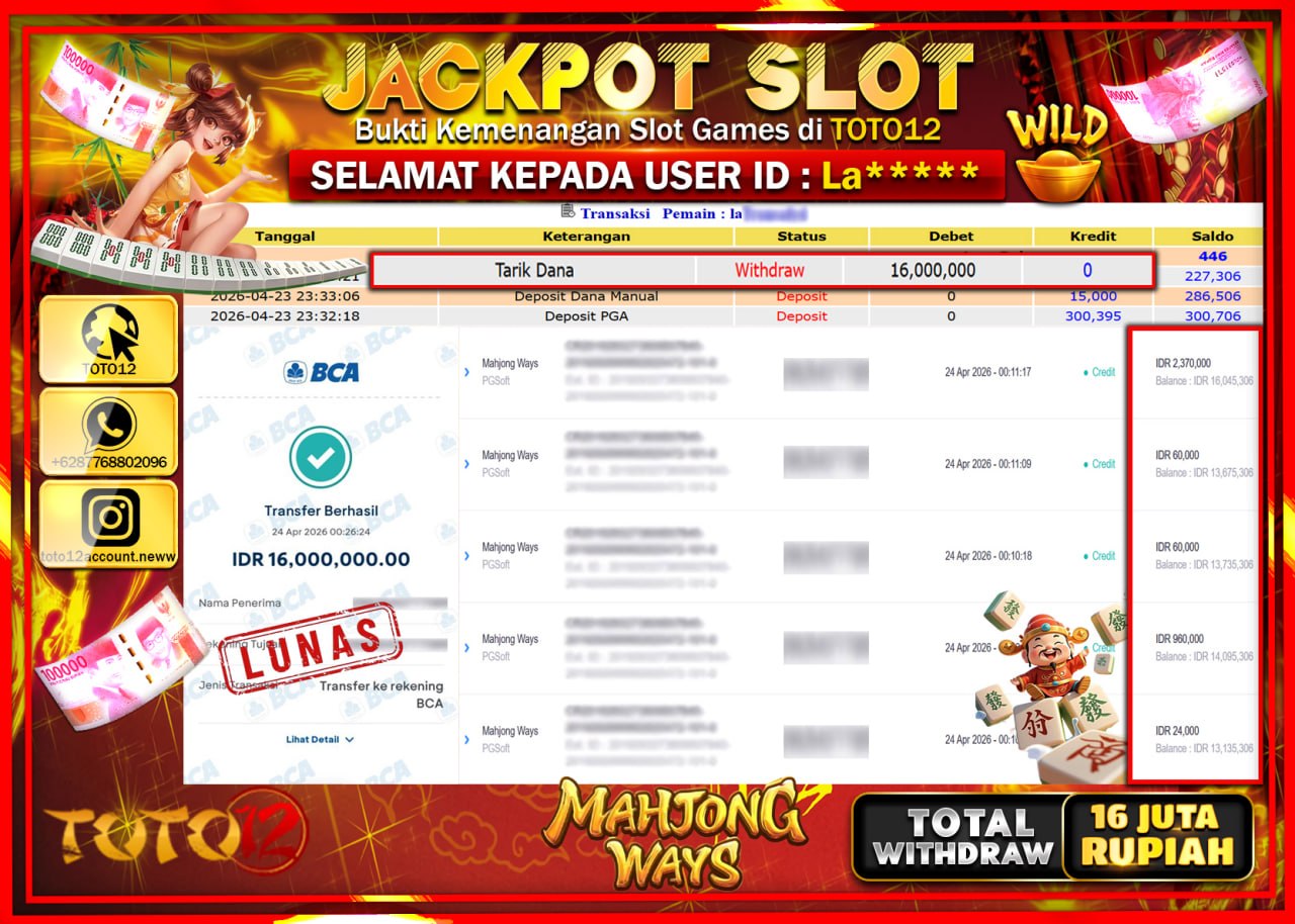 HANYA DI TOTO12 JP PASTI DI BAYAR LUNAS DAN CEPAT!!!!!! JACKPOT SLOT GAME (MAHJONG WAYS) Rp.16.000.000!!!!