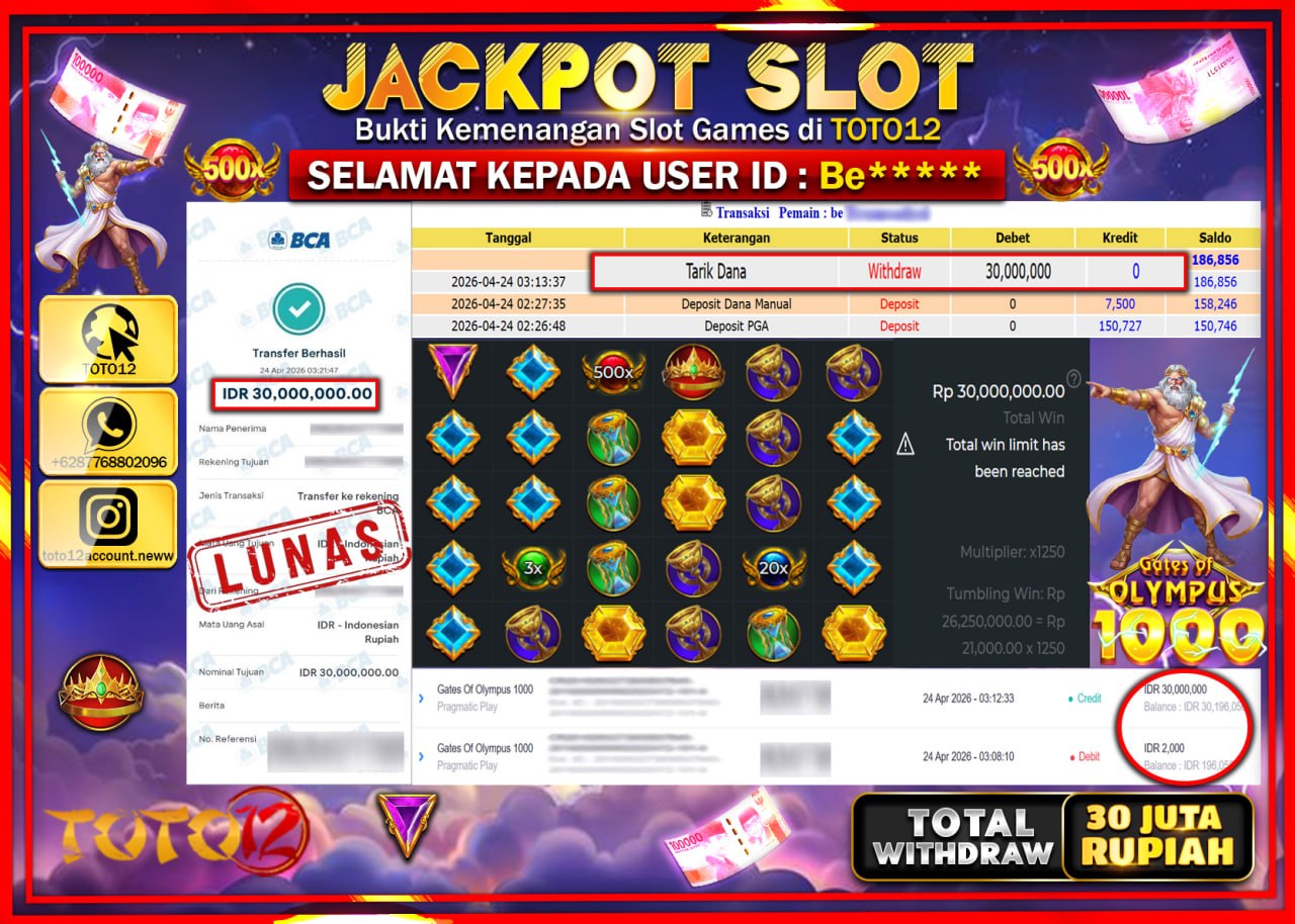 HANYA DI TOTO12 JP PASTI DI BAYAR LUNAS DAN CEPAT!!!!!! JACKPOT SLOT GAME (GATES OF OLYMPUS 1000) Rp.30.000.000!!!!
