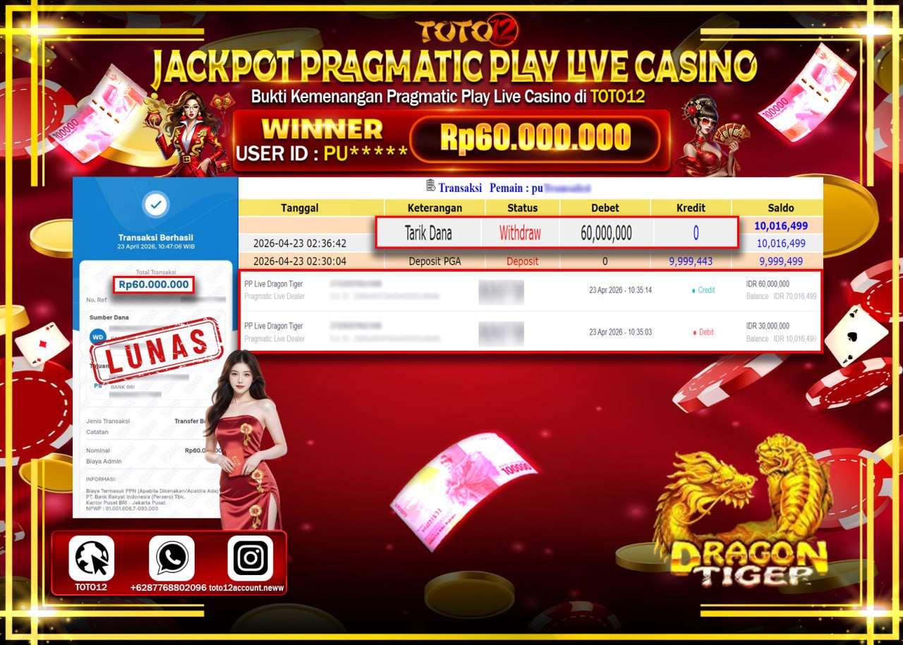 HANYA DI TOTO12 JP PASTI DI BAYAR LUNAS DAN CEPAT!!!!!! JACKPOT PRAGMATIC PLAY LIVE GAME CASINO (PP LIVE DRAGON TIGER) Rp.60.000.000!!!!