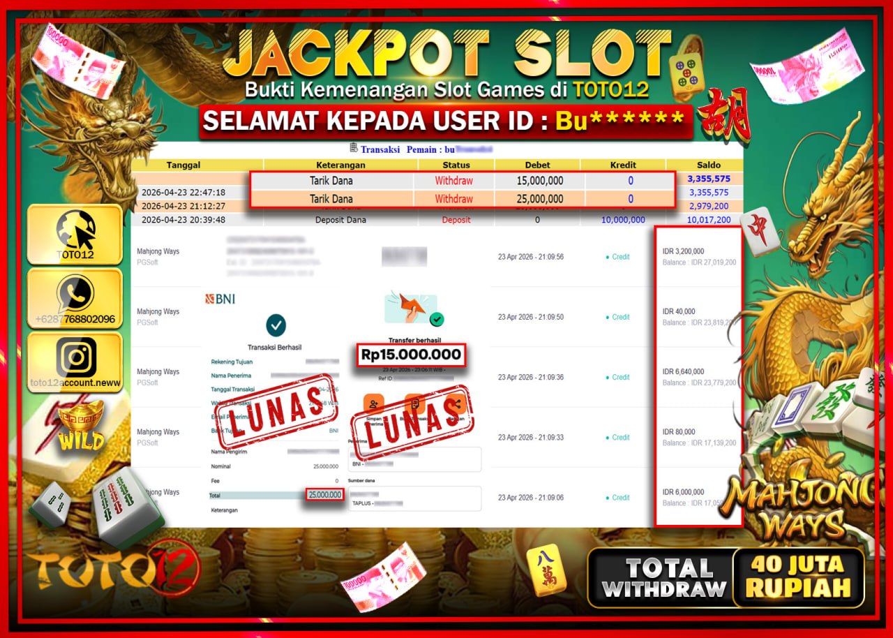 HANYA DI TOTO12 JP PASTI DI BAYAR LUNAS DAN CEPAT!!!!!! JACKPOT SLOT GAME (MAHJONG WAYS) Rp.40.000.000!!!!