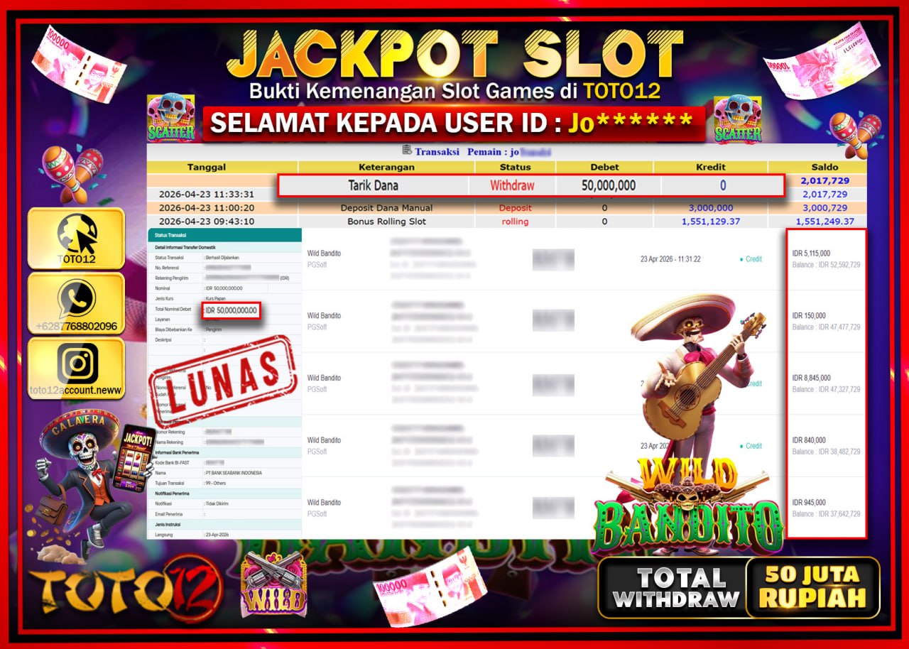HANYA DI TOTO12 JP PASTI DI BAYAR LUNAS DAN CEPAT!!!!!! JACKPOT SLOT GAME (WILD BANDITO) Rp.50.000.000!!!!