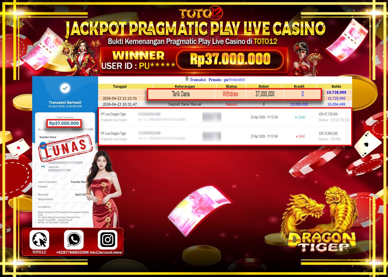 HANYA DI TOTO12 JP PASTI DI BAYAR LUNAS DAN CEPAT!!!!!! JACKPOT PRAGMATIC PLAY LIVE GAME CASINO (PP LIVE DRAGON TIGER) Rp.37.000.000!!!!