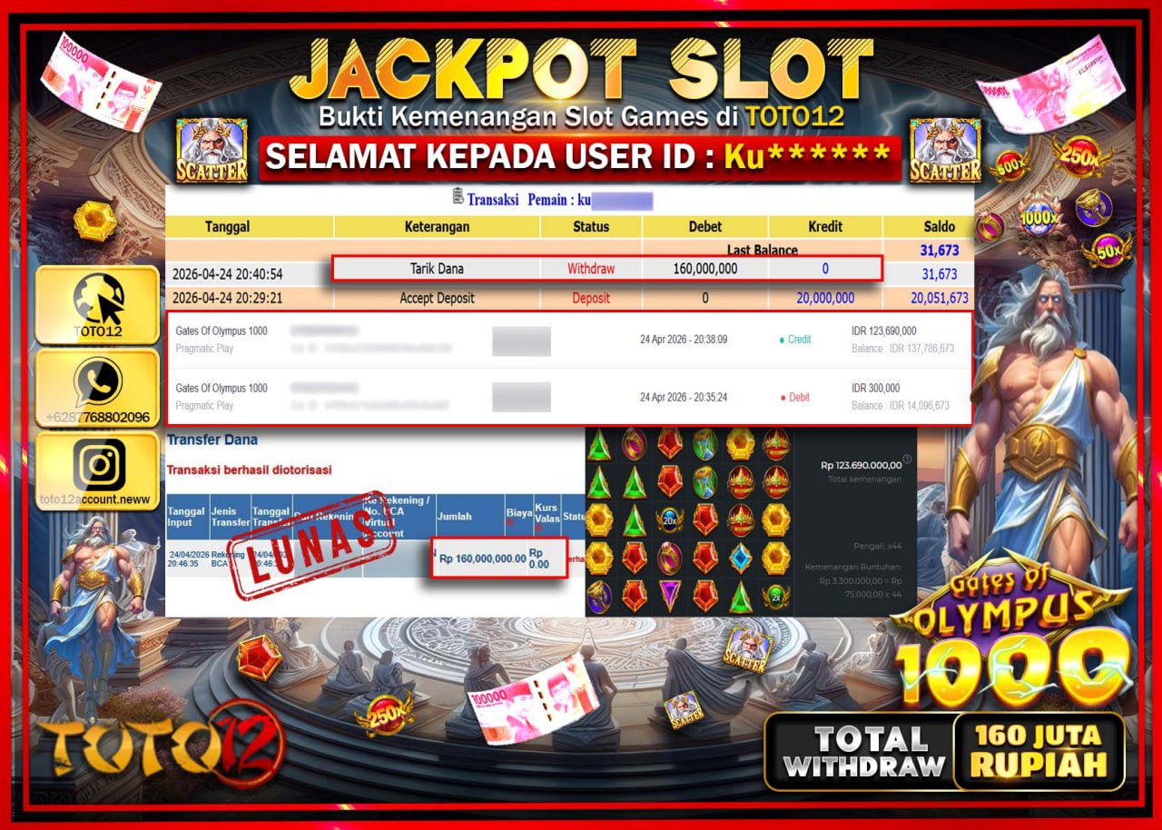 HANYA DI TOTO12 JP PASTI DI BAYAR LUNAS DAN CEPAT!!!!!! JACKPOT SLOT GAME (GATES OF OLYMPUS 1000) Rp.160.000.000!!!!