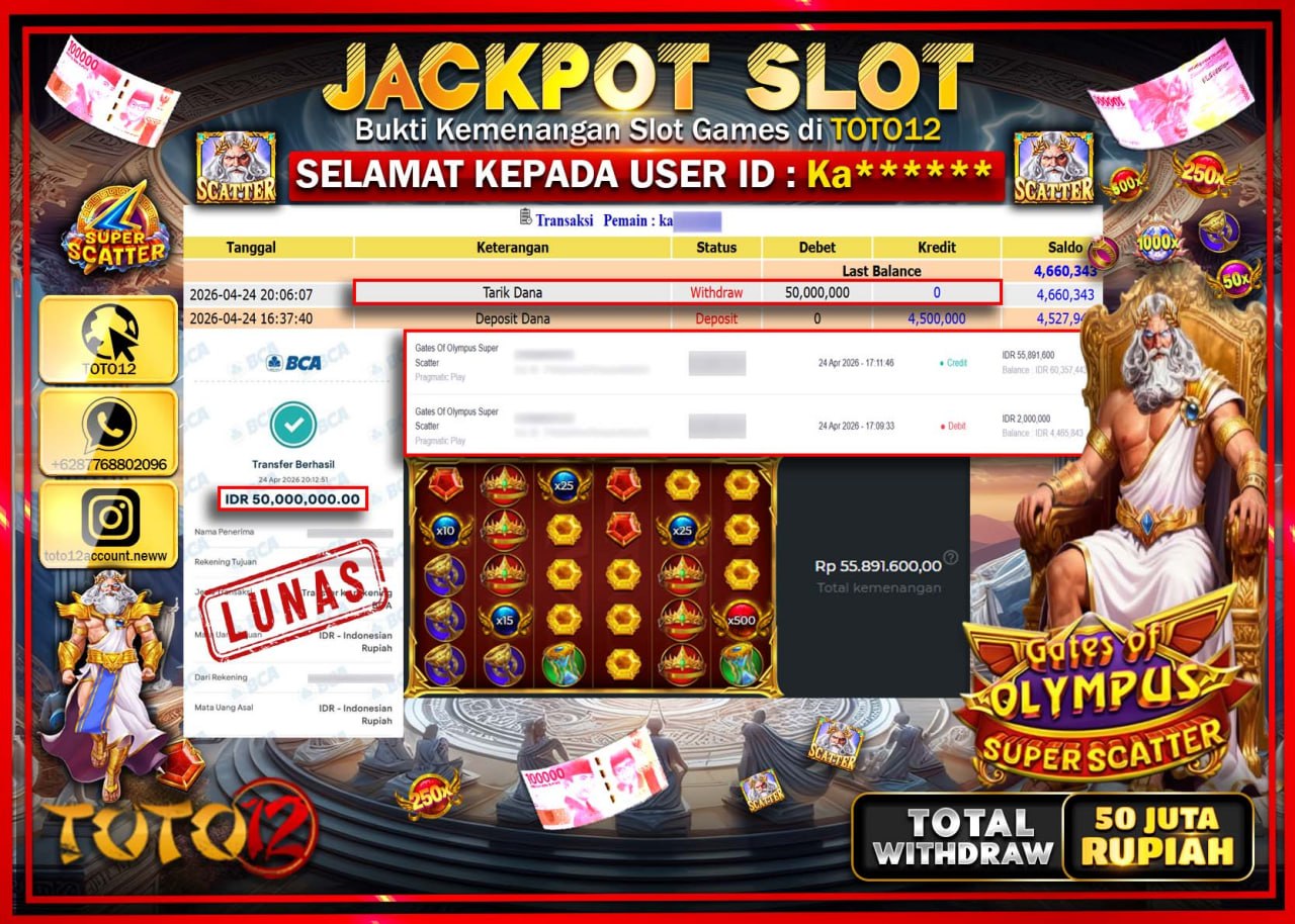 HANYA DI TOTO12 JP PASTI DI BAYAR LUNAS DAN CEPAT!!!!!! JACKPOT SLOT GAME (GATES OF OLYMPUS SUPER SCATTER) Rp.50.000.000!!!!