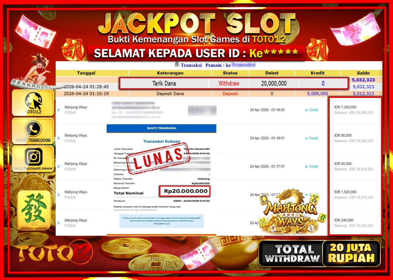 HANYA DI TOTO12 JP PASTI DI BAYAR LUNAS DAN CEPAT!!!!!! JACKPOT SLOT GAME (MAHJONG WAYS) Rp.20.000.000!!!!