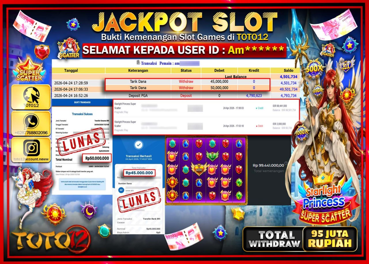 HANYA DI TOTO12 JP PASTI DI BAYAR LUNAS DAN CEPAT!!!!!! JACKPOT SLOT GAME (STARLIGHT PRINCESS SUPER SCATTER) Rp.95.000.000!!!!