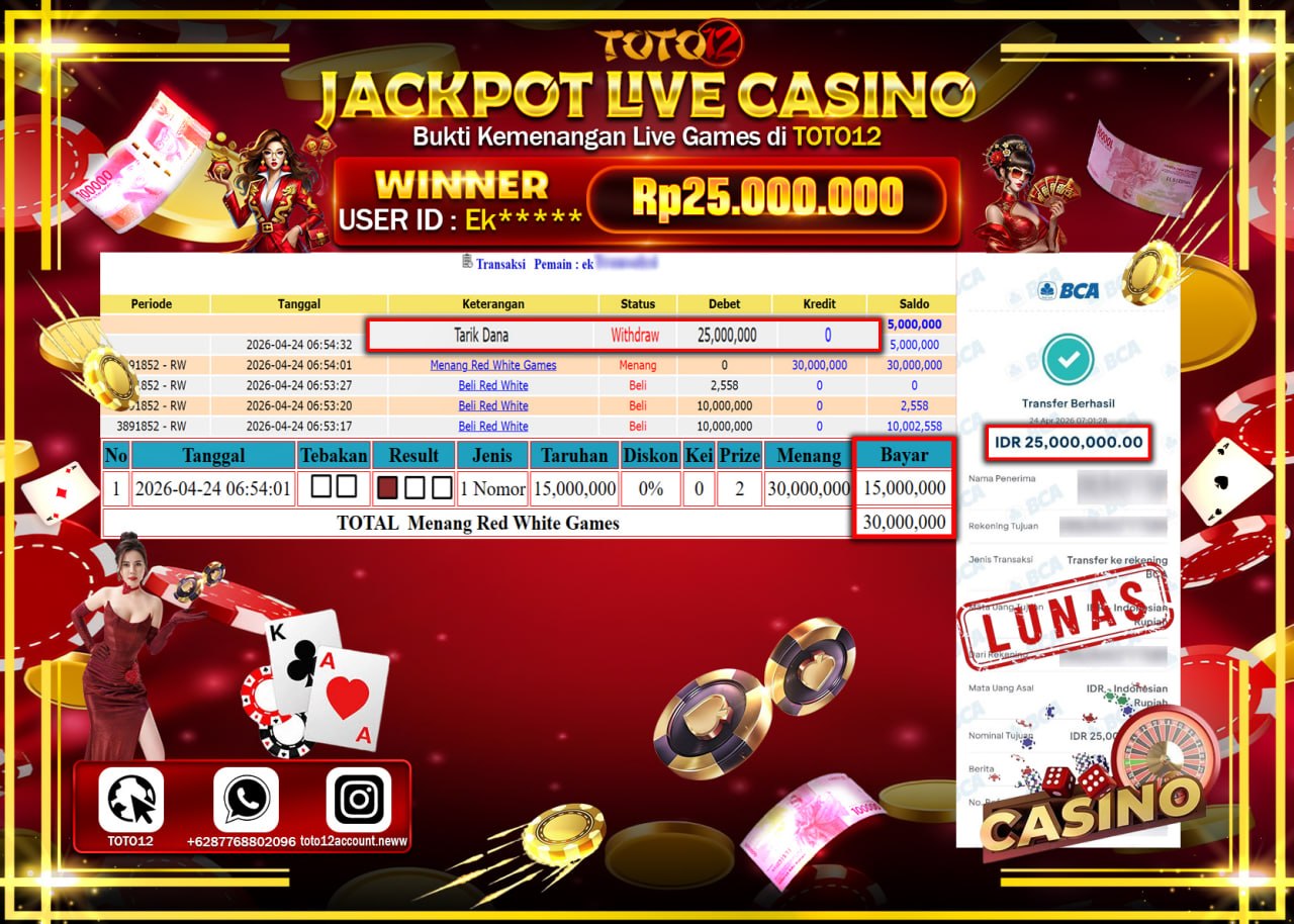 HANYA DI TOTO12 JP PASTI DI BAYAR LUNAS DAN CEPAT!!!!!! JACKPOT  LIVE GAME CASINO (RED WHITE) Rp.25.000.000!!!!