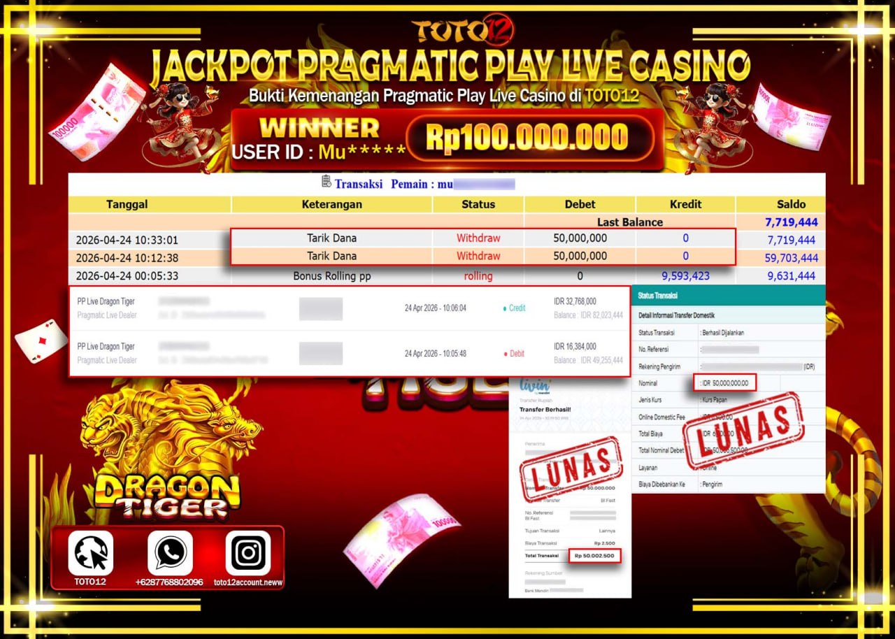 HANYA DI TOTO12 JP PASTI DI BAYAR LUNAS DAN CEPAT!!!!!! JACKPOT PRAGMATIC PLAY LIVE GAME CASINO (PP LIVE DRAGON TIGER) Rp.100.000.000!!!!