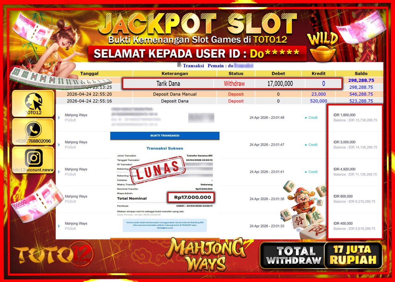 HANYA DI TOTO12 JP PASTI DI BAYAR LUNAS DAN CEPAT!!!!!! JACKPOT SLOT GAME (MAHJONG WAYS) Rp.17.000.000!!!!