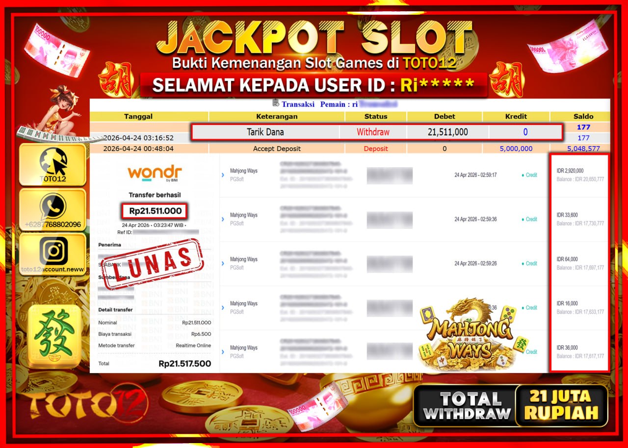 HANYA DI TOTO12 JP PASTI DI BAYAR LUNAS DAN CEPAT!!!!!! JACKPOT SLOT GAME (MAHJONG WAYS) Rp.21.511.000!!!!