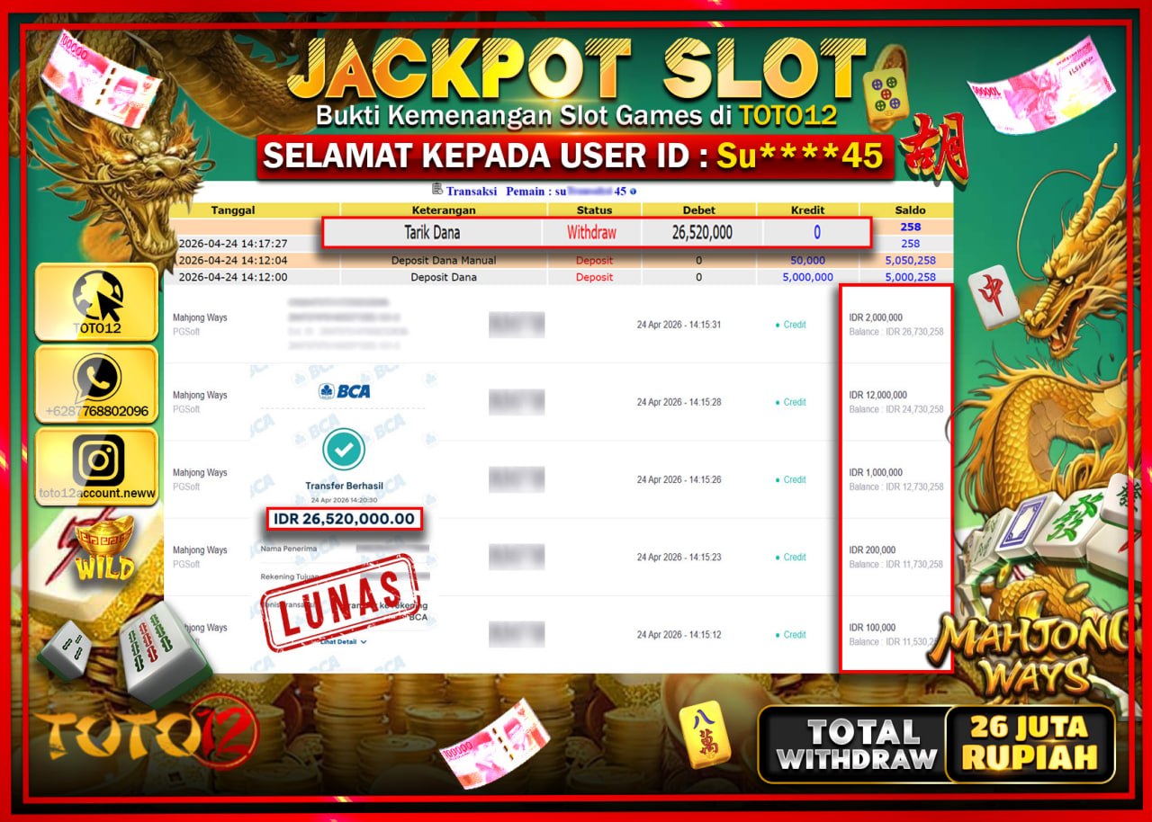 HANYA DI TOTO12 JP PASTI DI BAYAR LUNAS DAN CEPAT!!!!!! JACKPOT SLOT GAME (MAHJONG WAYS) Rp.26.520.000!!!!
