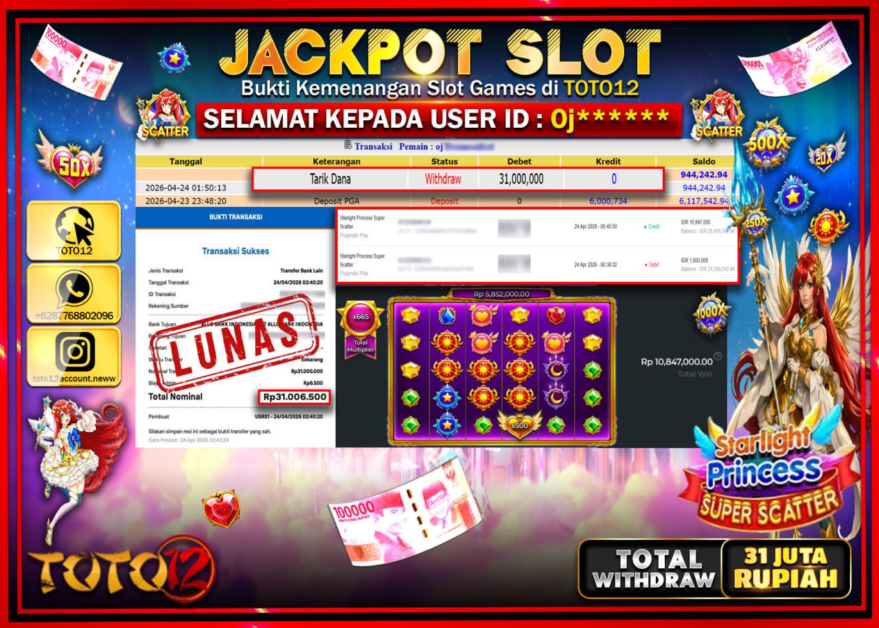 HANYA DI TOTO12 JP PASTI DI BAYAR LUNAS DAN CEPAT!!!!!! JACKPOT SLOT GAME (STARLIGHT PRINCESS SUPER SCATTER) Rp.31.000.000!!!!