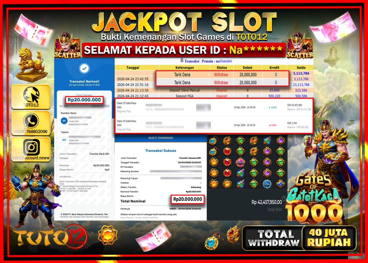 HANYA DI TOTO12 JP PASTI DI BAYAR LUNAS DAN CEPAT!!!!!! JACKPOT SLOT GAME (GATES OF GATOTKACA 1000) Rp.40.000.000!!!!