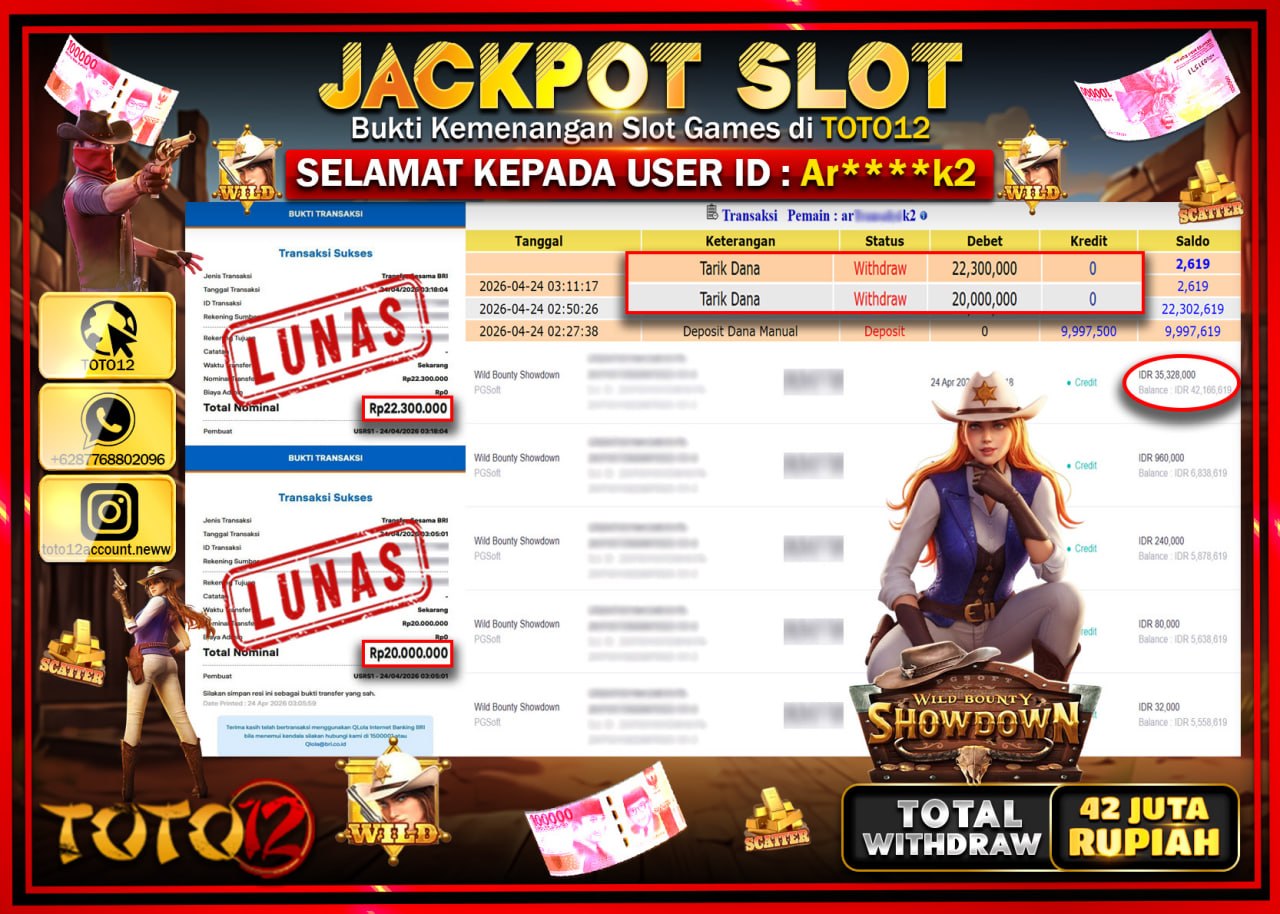 HANYA DI TOTO12 JP PASTI DI BAYAR LUNAS DAN CEPAT!!!!!! JACKPOT SLOT GAME (WILD BOUNTY SHOWDOWN) Rp.42.300.000!!!!