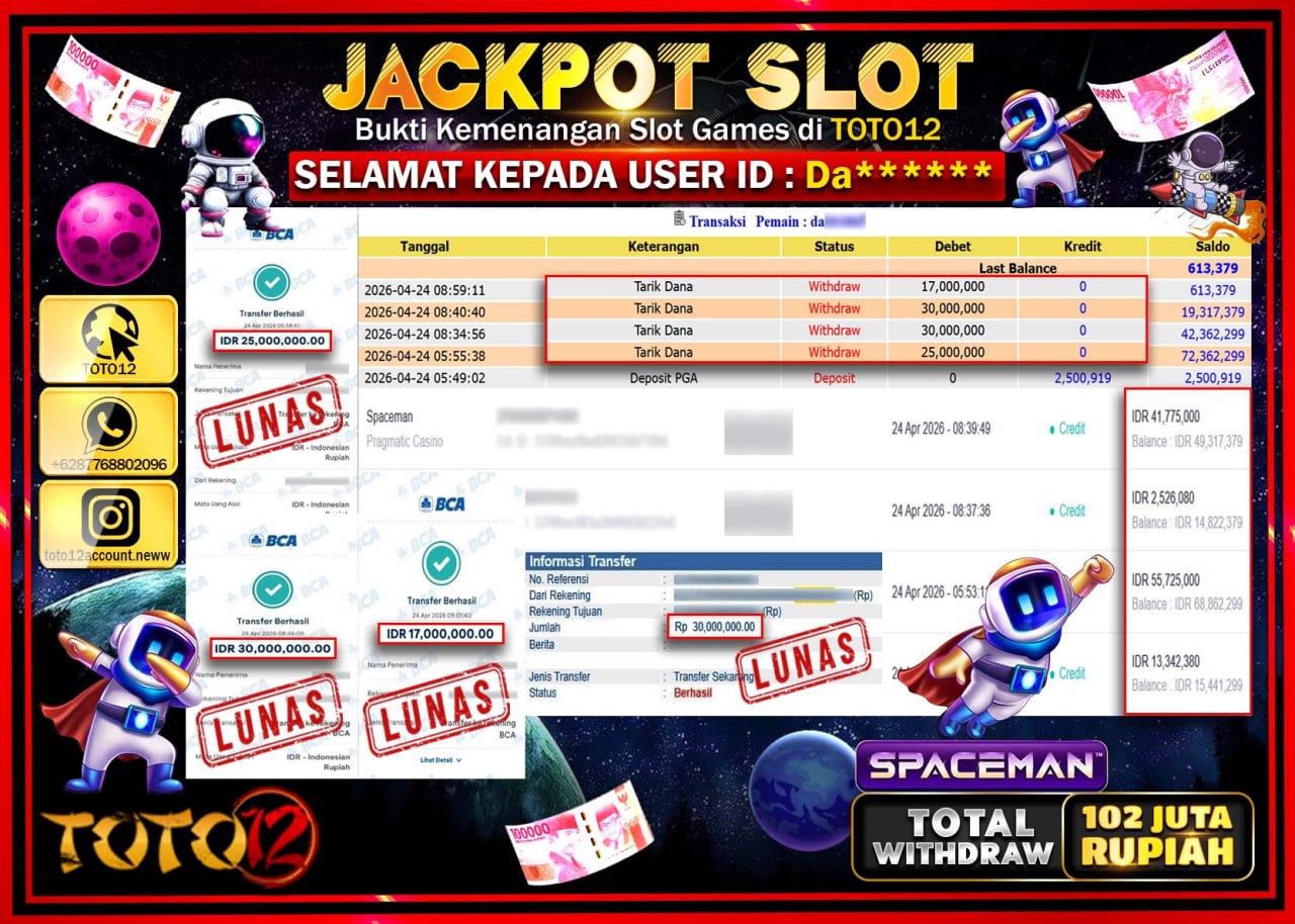 HANYA DI TOTO12 JP PASTI DI BAYAR LUNAS DAN CEPAT!!!!!! JACKPOT SLOT GAME (SPACEMAN) Rp.102.000.000!!!!