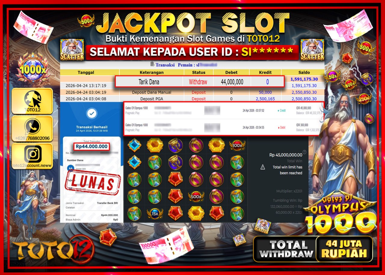 HANYA DI TOTO12 JP PASTI DI BAYAR LUNAS DAN CEPAT!!!!!! JACKPOT SLOT GAME (GATES OF OLYMPUS 1000) Rp.44.000.000!!!!