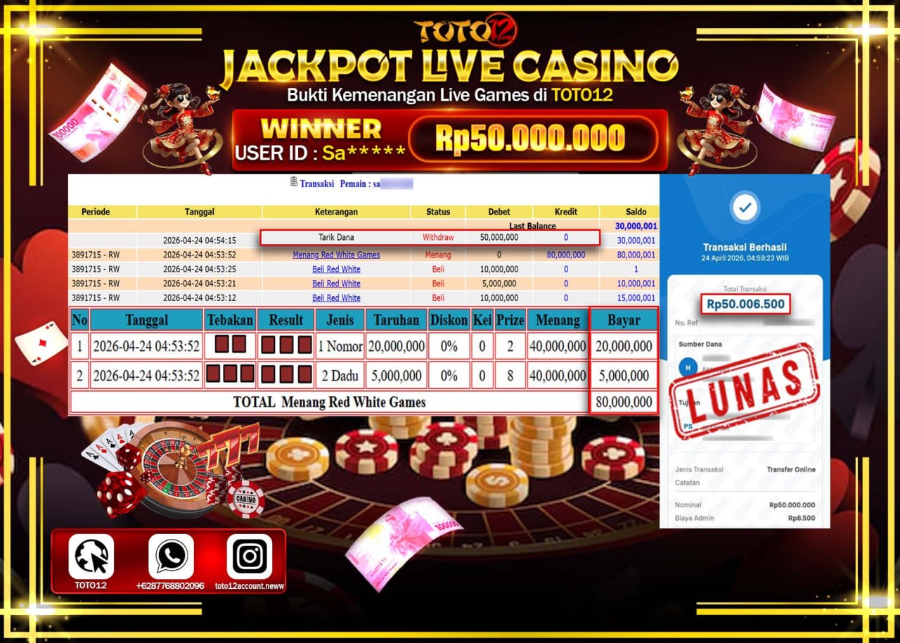 HANYA DI TOTO12 JP PASTI DI BAYAR LUNAS DAN CEPAT!!!!!! JACKPOT  LIVE GAME CASINO (RED WHITE) Rp.50.000.000!!!!
