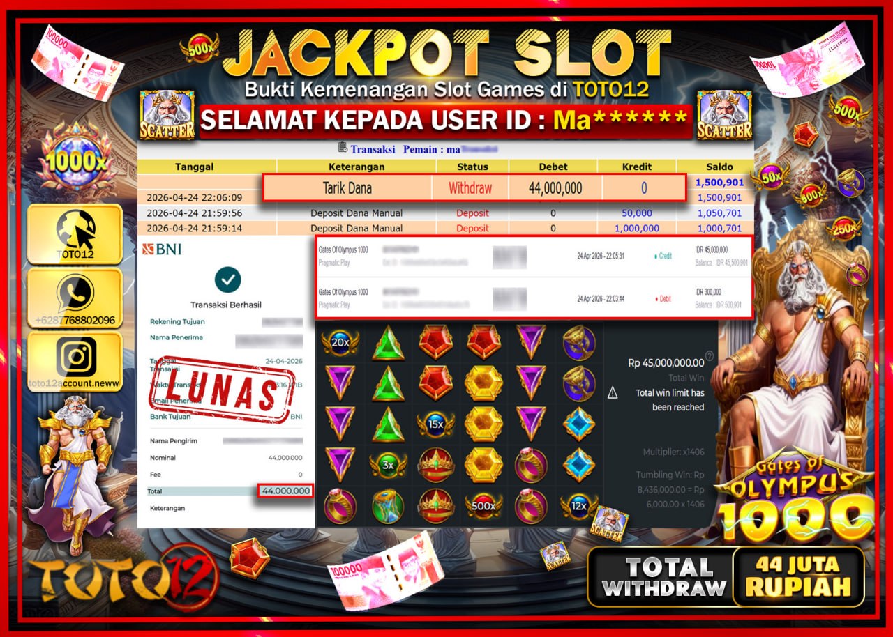 HANYA DI TOTO12 JP PASTI DI BAYAR LUNAS DAN CEPAT!!!!!! JACKPOT SLOT GAME (GATES OF OLYMPUS 1000) Rp.44.000.000!!!!