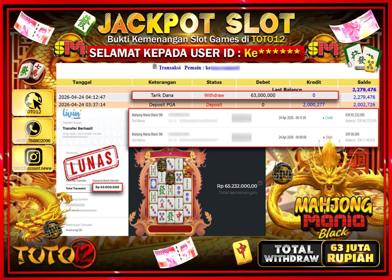 HANYA DI TOTO12 JP PASTI DI BAYAR LUNAS DAN CEPAT!!!!!! JACKPOT SLOT GAME (MAHJONG MANIA BLACK) Rp.63.000.000!!!!