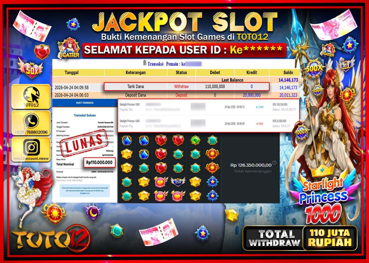 HANYA DI TOTO12 JP PASTI DI BAYAR LUNAS DAN CEPAT!!!!!! JACKPOT SLOT GAME (STARLIGHT PRINCESS 1000) Rp.110.000.000!!!!