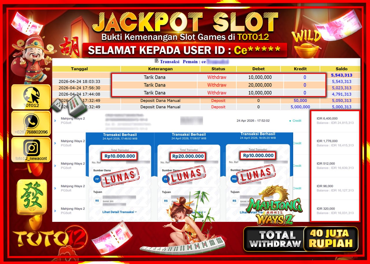 HANYA DI TOTO12 JP PASTI DI BAYAR LUNAS DAN CEPAT!!!!!! JACKPOT SLOT GAME (MAHJONG WAYS 2) Rp.40.000.000!!!!