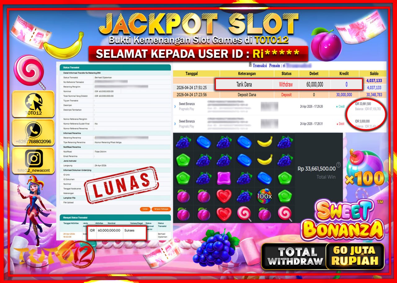 HANYA DI TOTO12 JP PASTI DI BAYAR LUNAS DAN CEPAT!!!!!! JACKPOT SLOT GAME (SWEET BONANZA) Rp.60.000.000!!!!