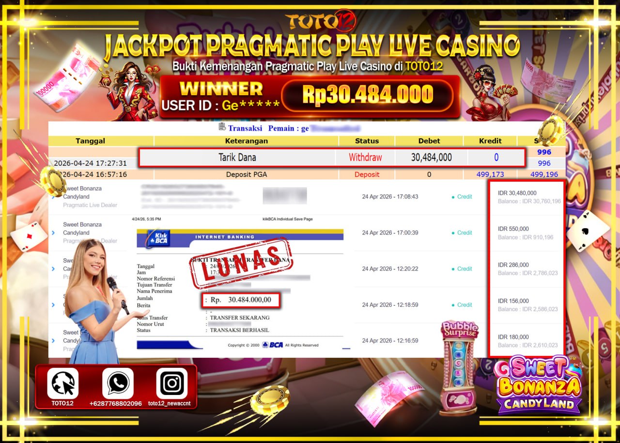 HANYA DI TOTO12 JP PASTI DI BAYAR LUNAS DAN CEPAT!!!!!! JACKPOT PRAGMATIC PLAY LIVE GAME CASINO (SWEET BONANZA CANDY LAND) Rp.30.484.000!!!!