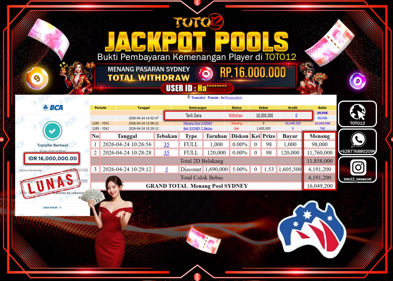 HANYA DI TOTO12 JP PASTI DI BAYAR LUNAS DAN CEPAT!!!!!! JACKPOT POOLS PASARAN( SYDNEY ) Rp.16.000.000!!!!