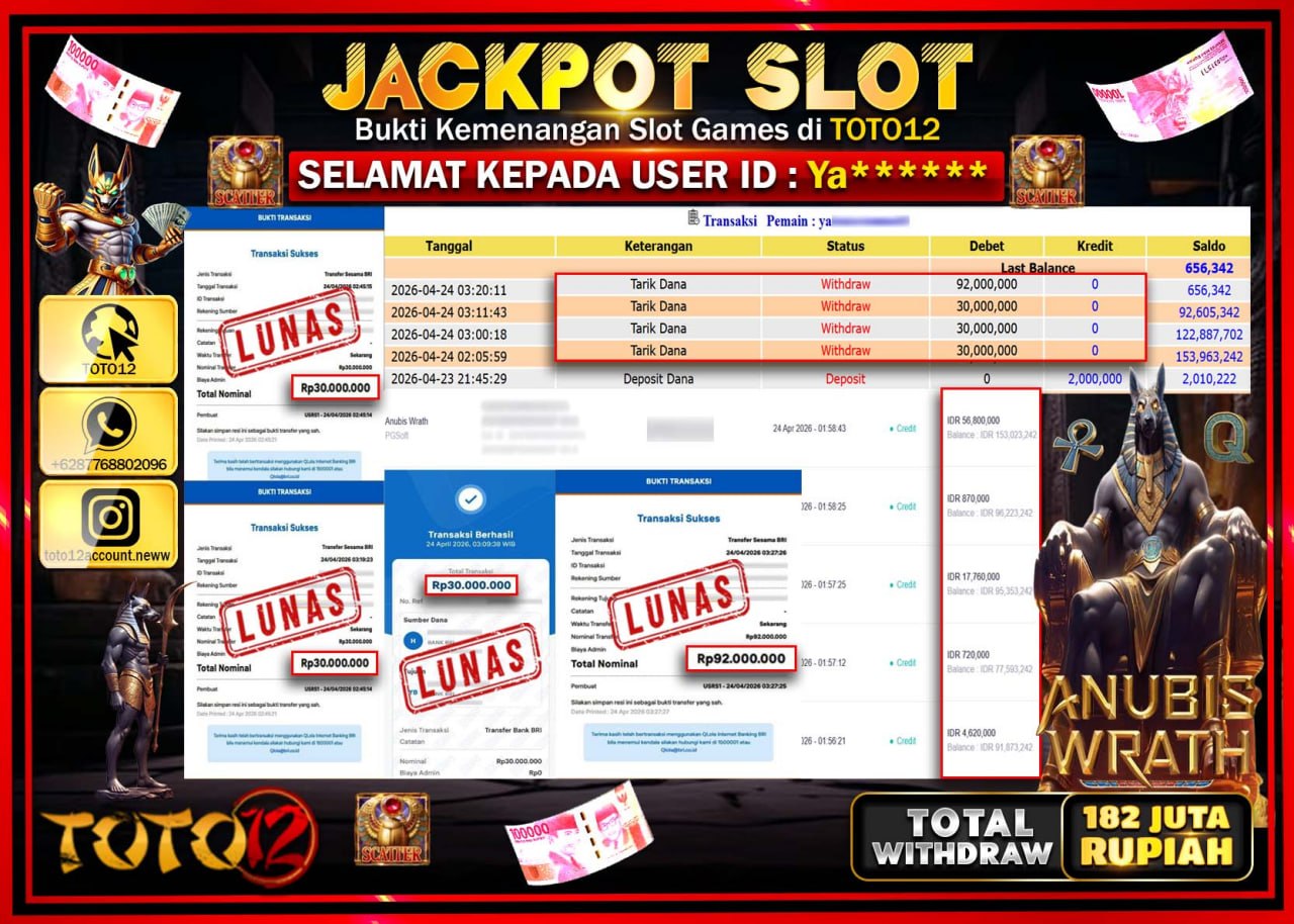 HANYA DI TOTO12 JP PASTI DI BAYAR LUNAS DAN CEPAT!!!!!! JACKPOT SLOT GAME (ANUBIS WRATH) Rp.182.000.000!!!!