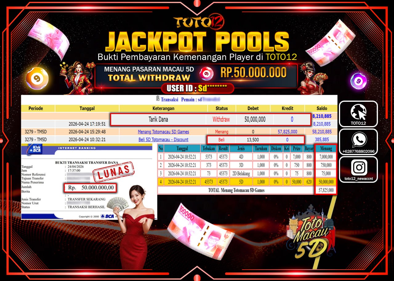 HANYA DI TOTO12 JP PASTI DI BAYAR LUNAS DAN CEPAT!!!!!! JACKPOT POOLS PASARAN (MACAU 5D) Rp.50.000.000!!!!