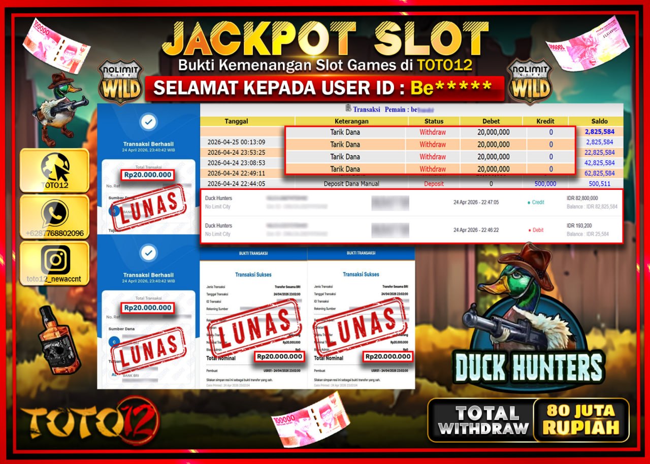 HANYA DI TOTO12 JP PASTI DI BAYAR LUNAS DAN CEPAT!!!!!! JACKPOT SLOT GAME (DUCK HUNTERS) Rp.80.000.000!!!!