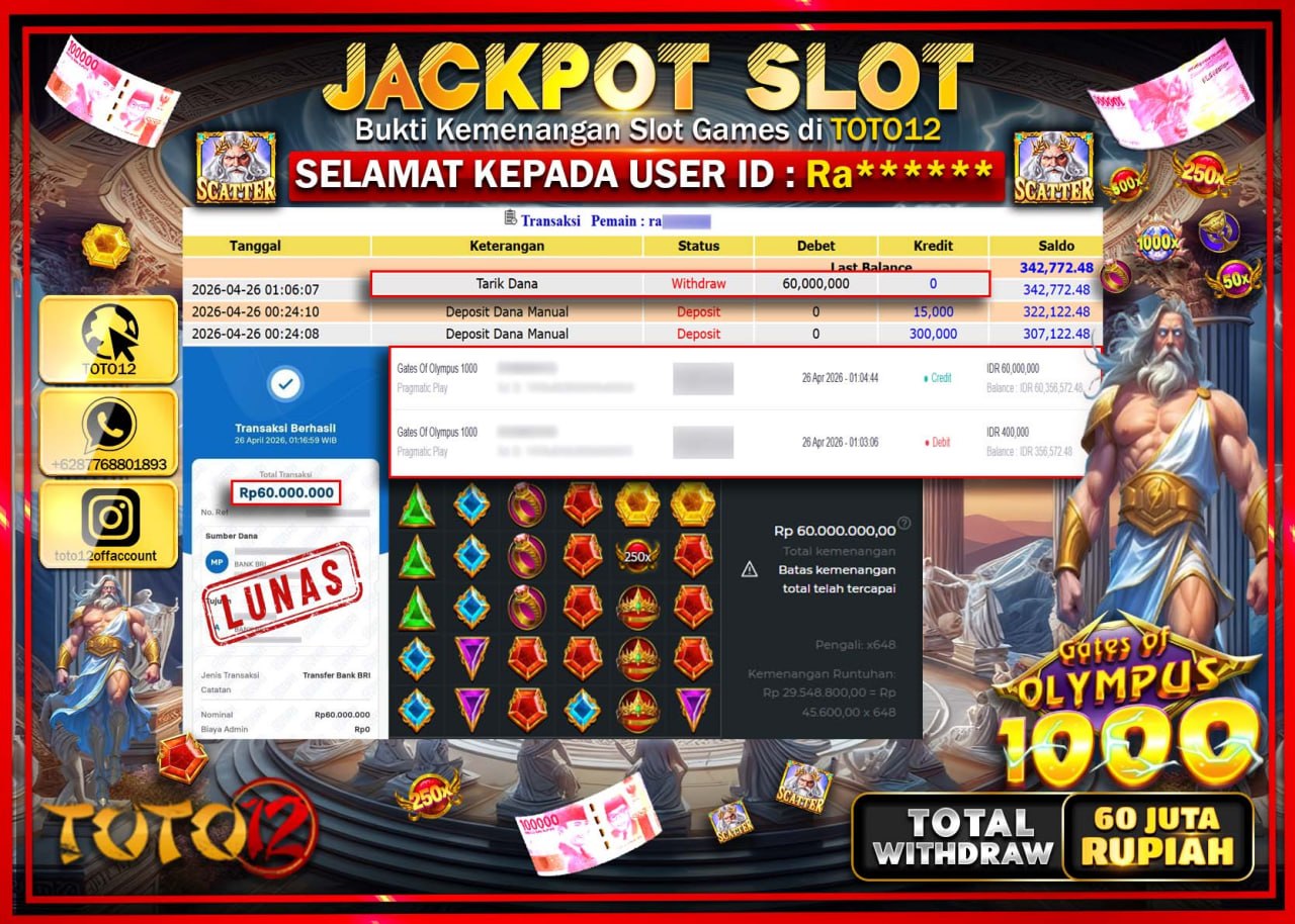 HANYA DI TOTO12 JP PASTI DI BAYAR LUNAS DAN CEPAT!!!!!! JACKPOT SLOT GAME (GATES OF OLYMPUS 1000) Rp.60.000.000!!!!