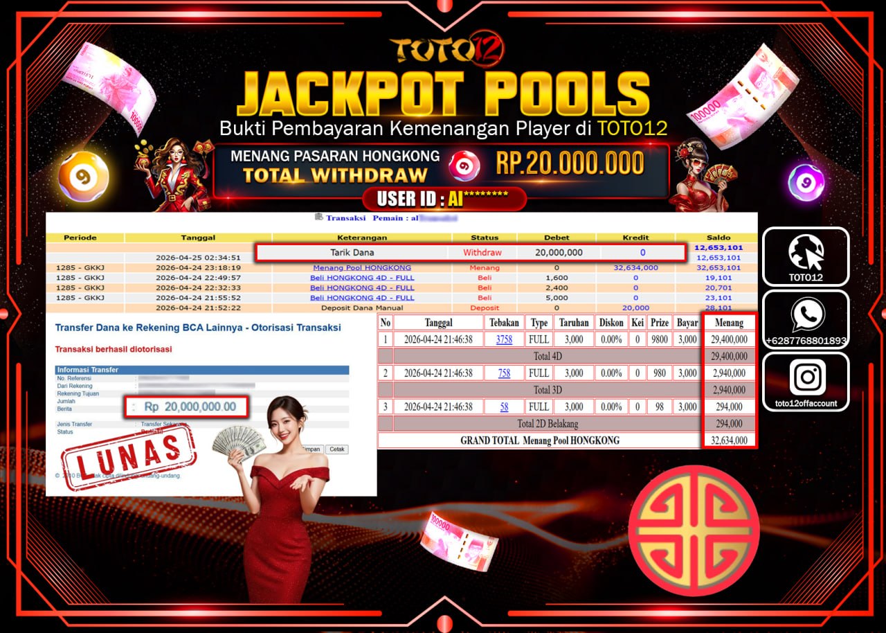 HANYA DI TOTO12 JP PASTI DI BAYAR LUNAS DAN CEPAT!!!!!! JACKPOT POOLS PASARAN( HONGKONG ) Rp.20.000.000!!!!
