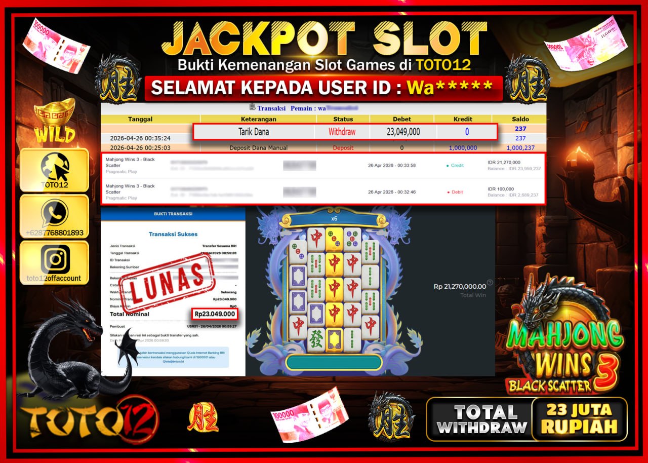 HANYA DI TOTO12 JP PASTI DI BAYAR LUNAS DAN CEPAT!!!!!! JACKPOT SLOT GAME (MAHJONG WINS 3 BLACK SCATTER) Rp.23.049.000!!!!
