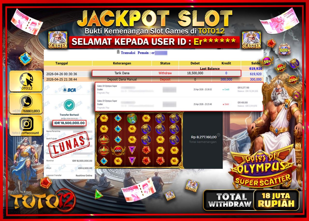 HANYA DI TOTO12 JP PASTI DI BAYAR LUNAS DAN CEPAT!!!!!! JACKPOT SLOT GAME (GATES OF OLYMPUS SUPER SCATTER) Rp.18.500.000!!!!