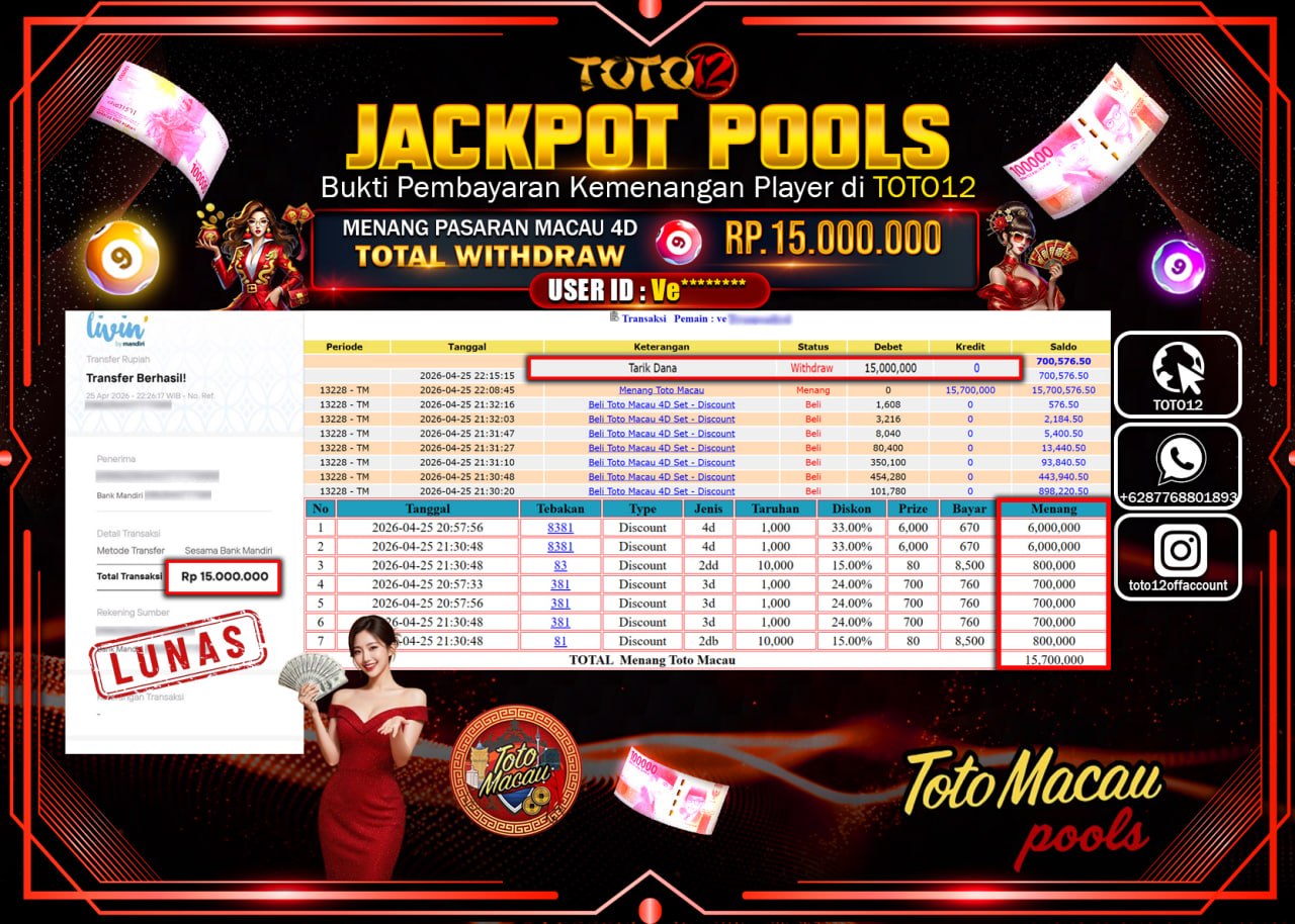 HANYA DI TOTO12 JP PASTI DI BAYAR LUNAS DAN CEPAT!!!!!! JACKPOT POOLS PASARAN(MACAU 4D) Rp.15.000.000!!!!