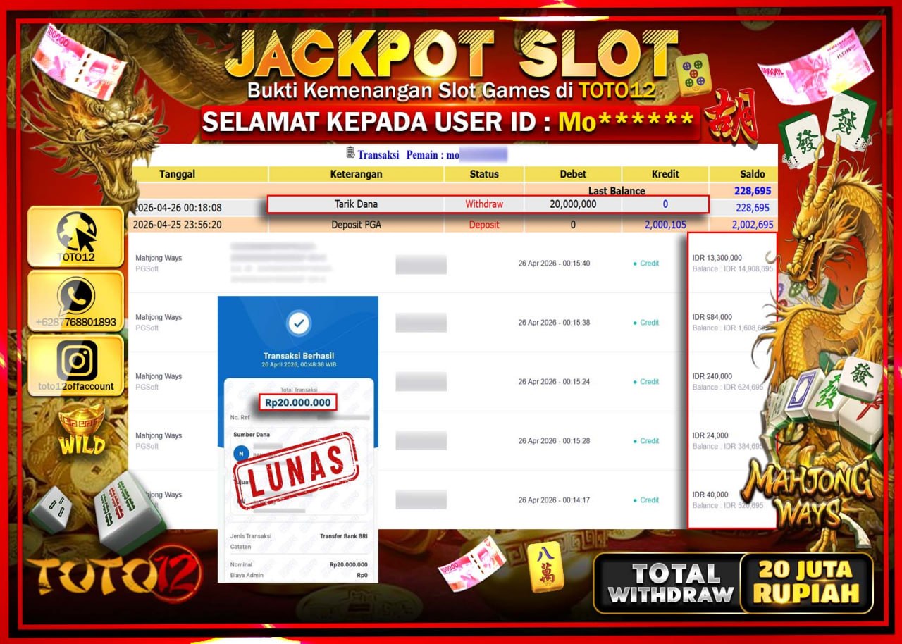 HANYA DI TOTO12 JP PASTI DI BAYAR LUNAS DAN CEPAT!!!!!! JACKPOT SLOT GAME (MAHJONG WAYS) Rp.20.000.000!!!!