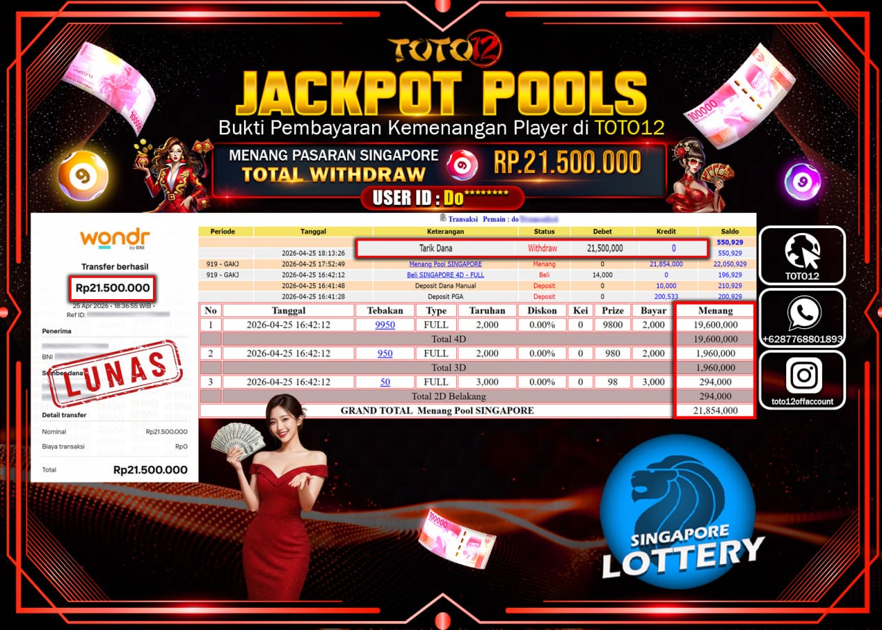 HANYA DI TOTO12 JP PASTI DI BAYAR LUNAS DAN CEPAT!!!!!! JACKPOT POOLS PASARAN ( SINGAPORE ) Rp.21.500.000!!!!