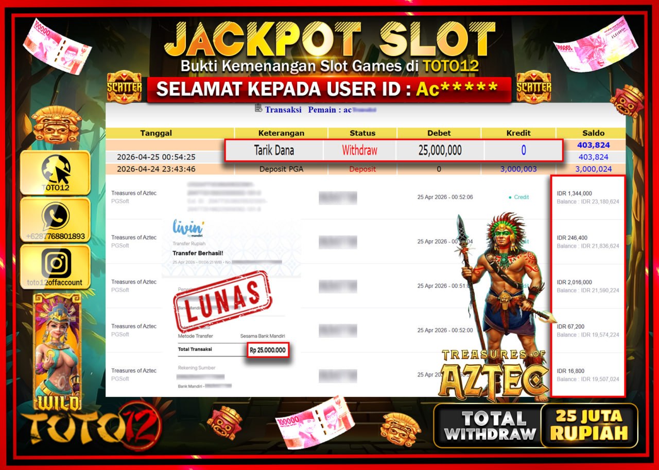 HANYA DI TOTO12 JP PASTI DI BAYAR LUNAS DAN CEPAT!!!!!! JACKPOT SLOT GAME (TREASURE OF AZTEC) Rp.25.000.000!!!!